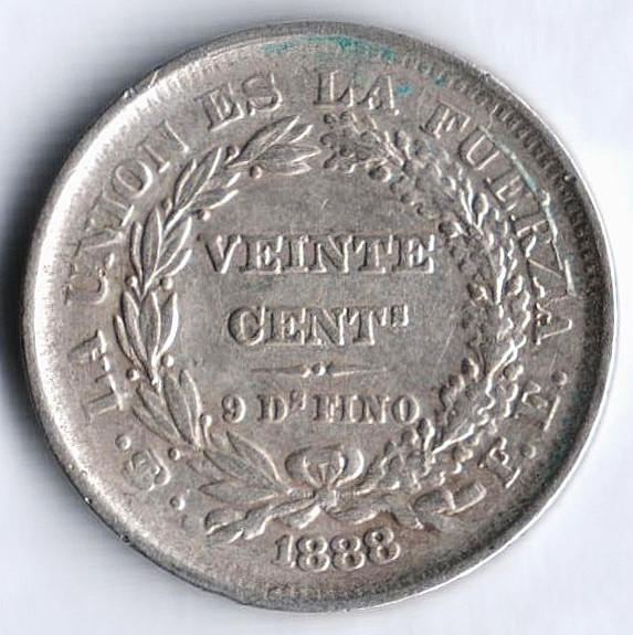 Монета 20 сентаво. 1888 год, Боливия.