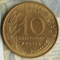 Монета 10 сантимов. 1971 год, Франция. Монета 10 сантимов. 1971 год, Франция.