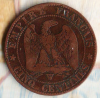 Монета 5 сантимов. 1854(W) год, Франция.