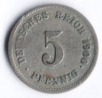 Монета 5 пфеннигов. 1900 год (J), Германская империя.