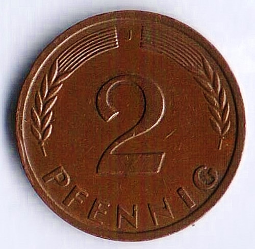 Монета 2 пфеннига. 1959(J) год, ФРГ.