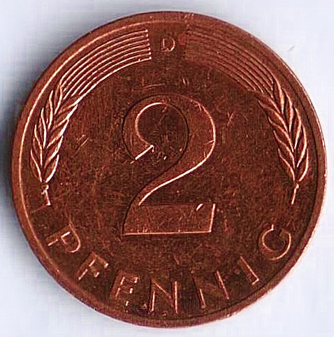Монета 2 пфеннига. 1987(D) год, ФРГ.