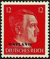 Марка почтовая (12 rpf.). "Адольф Гитлер «OSTLAND»". 1943 год, СССР (Германская оккупация в ВОВ).