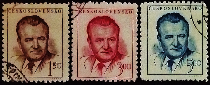 Набор почтовых марок (3 шт.). "Президент Клемент Готвальд". 1948 год, Чехословакия. Набор почтовых марок (3 шт.). "Президент Клемент Готвальд". 1948 год, Чехословакия.