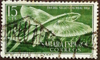 Почтовая марка (15 c.). "Зеркальнокрылая летучая рыба". 1954 год, Испанская Сахара.