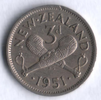 Монета 3 пенса. 1951 год, Новая Зеландия.