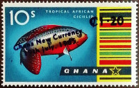 Марка почтовая (1,2 c.). "Драгоценная цихлида". 1965 год, Гана.