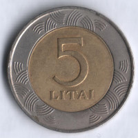 Монета 5 литов. 1999 год, Литва.