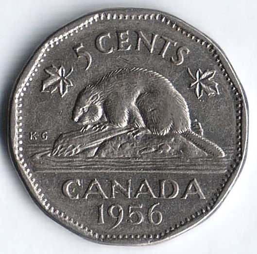 Монета 5 центов. 1956 год, Канада.