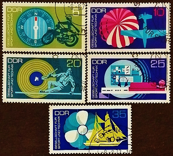 Набор почтовых марок (5 шт.). "20-летие Общества спорта и технологий". 1972 год, ГДР.
