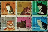 Набор почтовых марок (6 шт.). "Выставка кошек, Индия`89". 1989 год, Лаос.