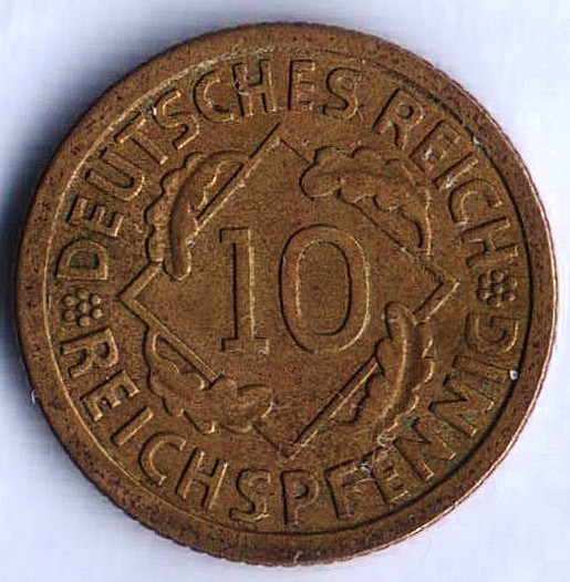 Монета 10 рейхспфеннигов. 1930 год (F), Веймарская республика.