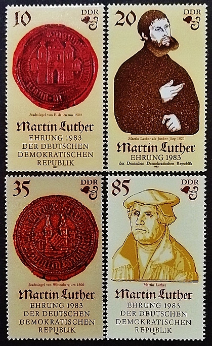 Набор марок (4 шт.). "500 лет со дня рождения реформатора Мартина Лютера". 1982 год, ГДР. Набор марок (4 шт.). "500 лет со дня рождения реформатора Мартина Лютера". 1982 год, ГДР.
