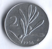 Монета 2 лиры. 1956 год, Италия.