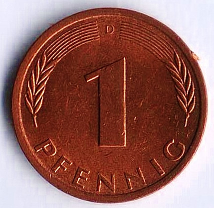 Монета 1 пфенниг. 1971(D) год, ФРГ.