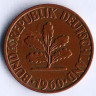 Монета 2 пфеннига. 1960(D) год, ФРГ.