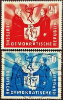 Набор почтовых марок (2 шт.). "Встреча президентов Пика и Берута". 1951 год, ГДР.