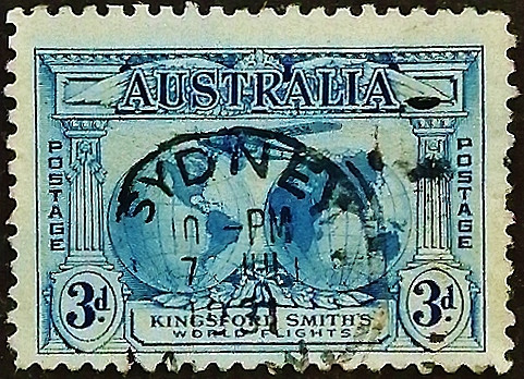 Почтовая марка (3 p.). "Транс-океанские рейсы Кингзфорд-Смита". 1931 год, Австралия.