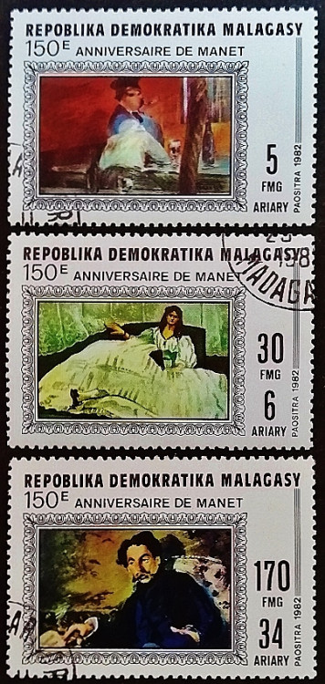 Набор почтовых марок (3 шт.). "Картины Эдуарда Мане". 1982 год, Мадагаскар.