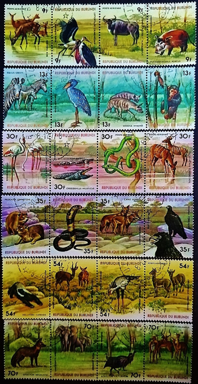 Набор почтовых марок (24 шт.). "Африканские животные (II)". 1977 год, Бурунди. Набор почтовых марок (24 шт.). "Африканские животные (II)". 1977 год, Бурунди.
