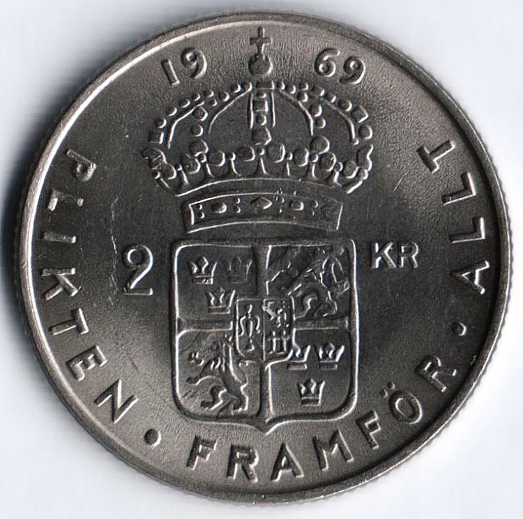Монета 2 кроны. 1969 год, Швеция.