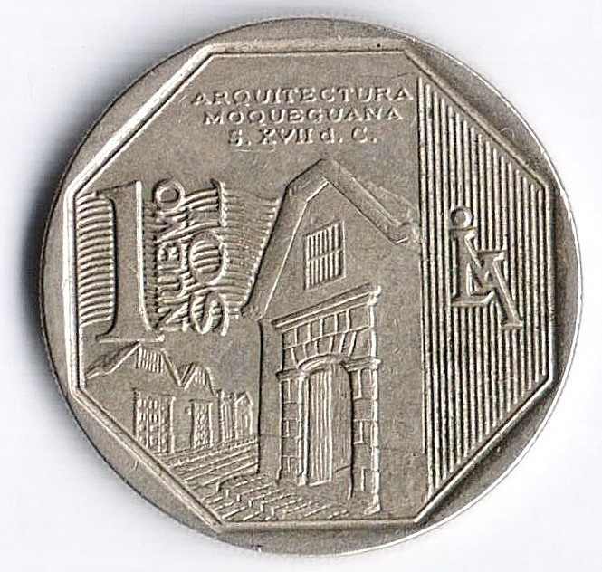 Монета 1 новый соль. 2015 год, Перу. Мокегуанская архитектура.