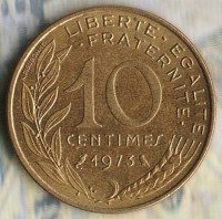Монета 10 сантимов. 1973 год, Франция. Монета 10 сантимов. 1973 год, Франция.