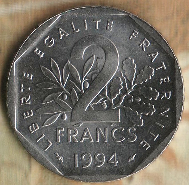 Монета 2 франка. 1994 год, Франция. "Дельфин".