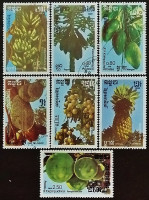 Набор почтовых марок (7 шт.). "Фрукты". 1986 год, Камбоджа.