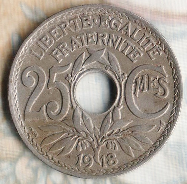 Монета 25 сантимов. 1918 год, Франция.