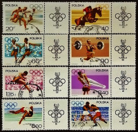 Набор почтовых марок с этикеткой (8 шт.). "Олимпийский вызов". 1967 год, Польша.