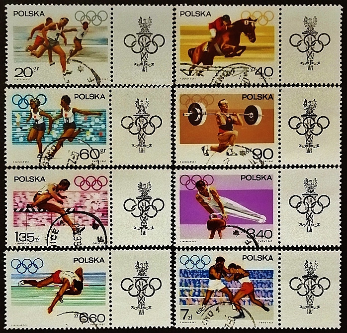 Набор почтовых марок с этикеткой (8 шт.). "Олимпийский вызов". 1967 год, Польша.