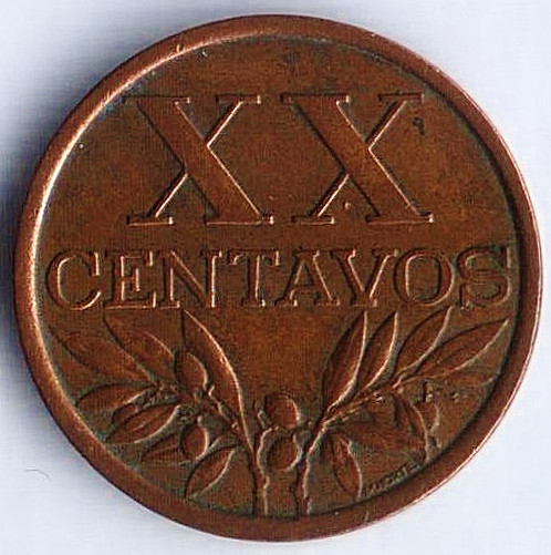 Монета 20 сентаво. 1965 год, Португалия.
