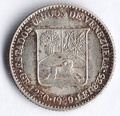 Монета 25 сентимо. 1929(p) год, Венесуэла.