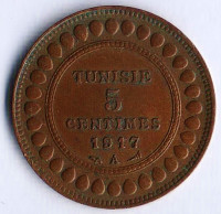 Монета 5 сантимов. 1917(A) год, Тунис (протекторат Франции). 