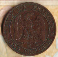 Монета 5 сантимов. 1856(MA) год, Франция.