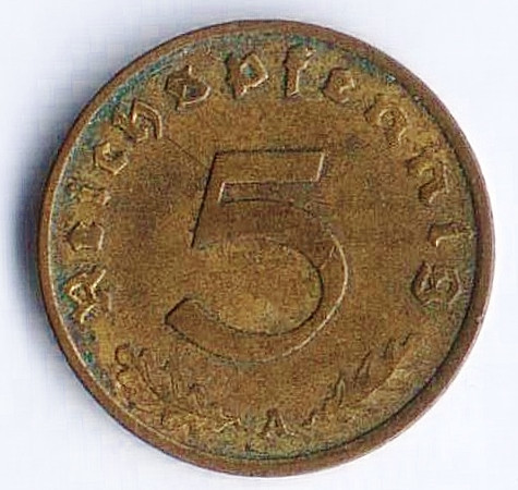 Монета 5 рейхспфеннигов. 1937 год (A), Третий Рейх.