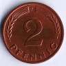 Монета 2 пфеннига. 1960(F) год, ФРГ.