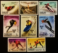 Набор почтовых марок (8 шт.), блоком. "Зимние Олимпийские игры 1968 года, Гренобль". 1968 год, Шарджа.