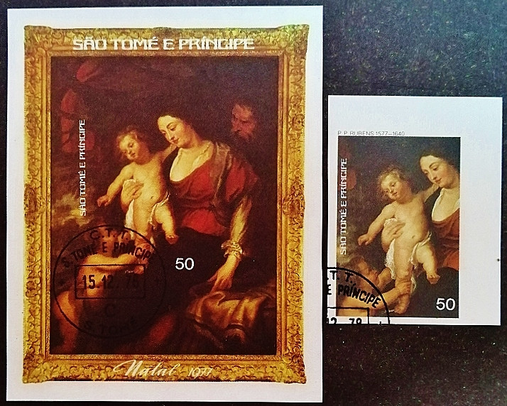 Почтовая марка с блоком. "Рождество-1977". 1977 год, Сан-Томе и Принсипи.