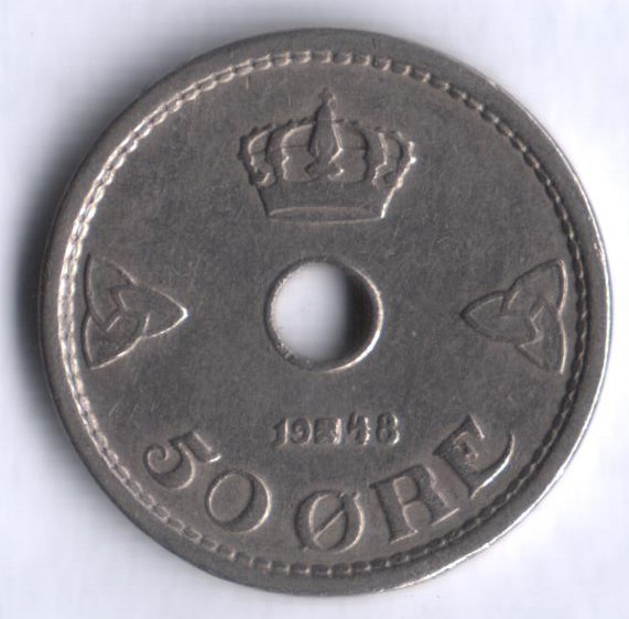 Монета 50 эре. 1948 год, Норвегия.