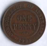 Монета 1 пенни. 1934(m) год, Австралия.