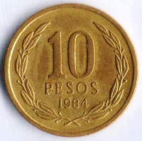 Монета 10 песо. 1984 год, Чили.