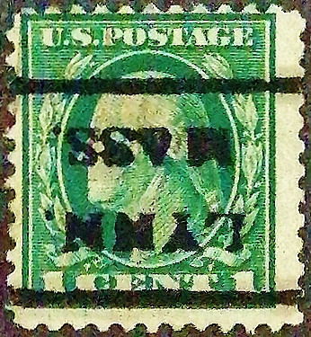 Почтовая марка (1 c.). "Джордж Вашингтон". 1912 год, США. Предварительное гашение "LYNN./MASS.".