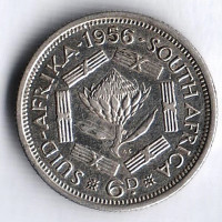 Монета 6 пенсов. 1956 год, Южная Африка.