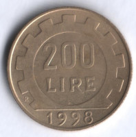 Монета 200 лир. 1998 год, Италия.
