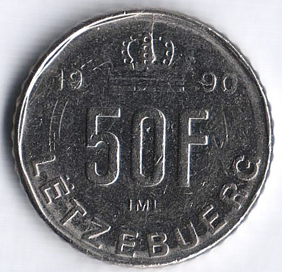 Монета 50 франков. 1990 год, Люксембург.