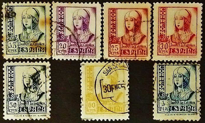 Набор почтовых марок (7 шт.). "Королева Изабелла I Кастильская". 1937 год, Испания.