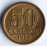 Монета 50 сентаво. 1956 год, Бразилия. Тип 2.