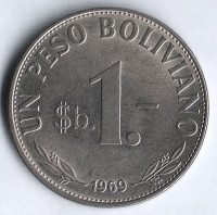 Монета 1 боливийский песо. 1969 год, Боливия.